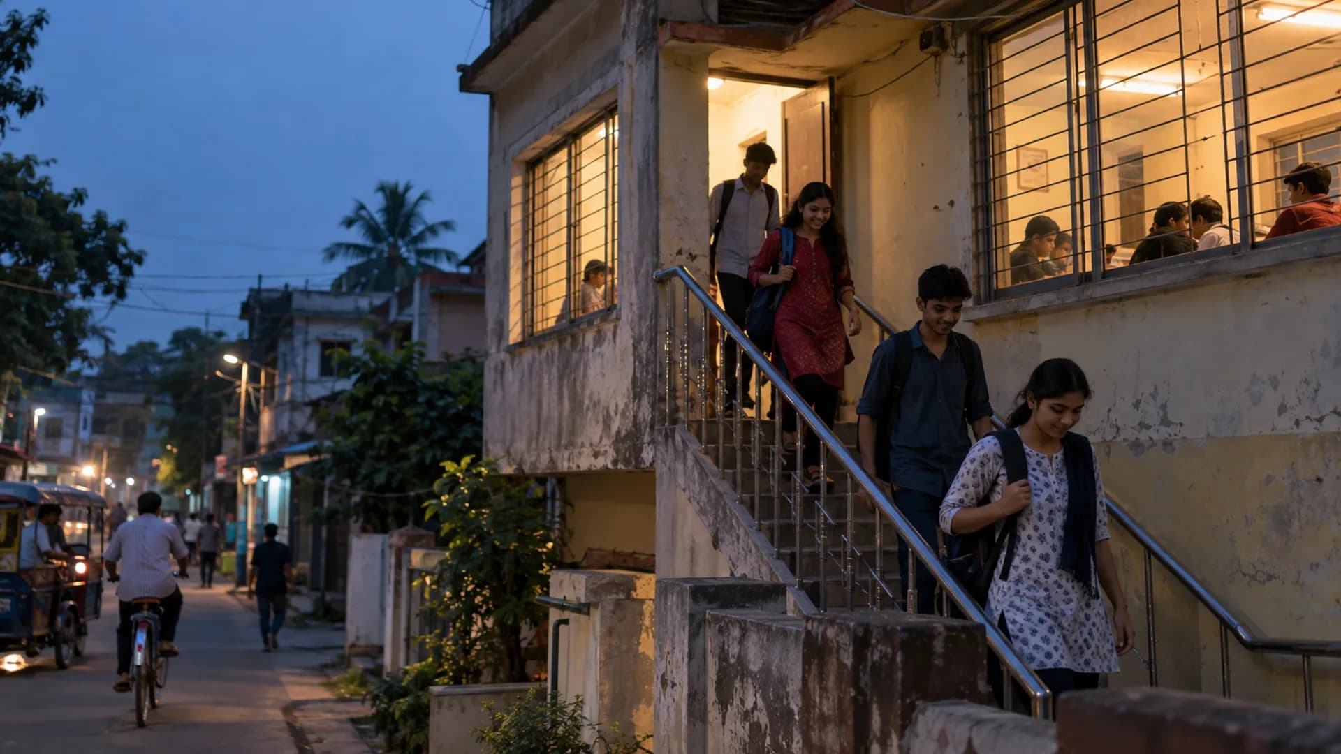Students coming down the stairs of a coaching centre at dusk, its classroom lights still on
